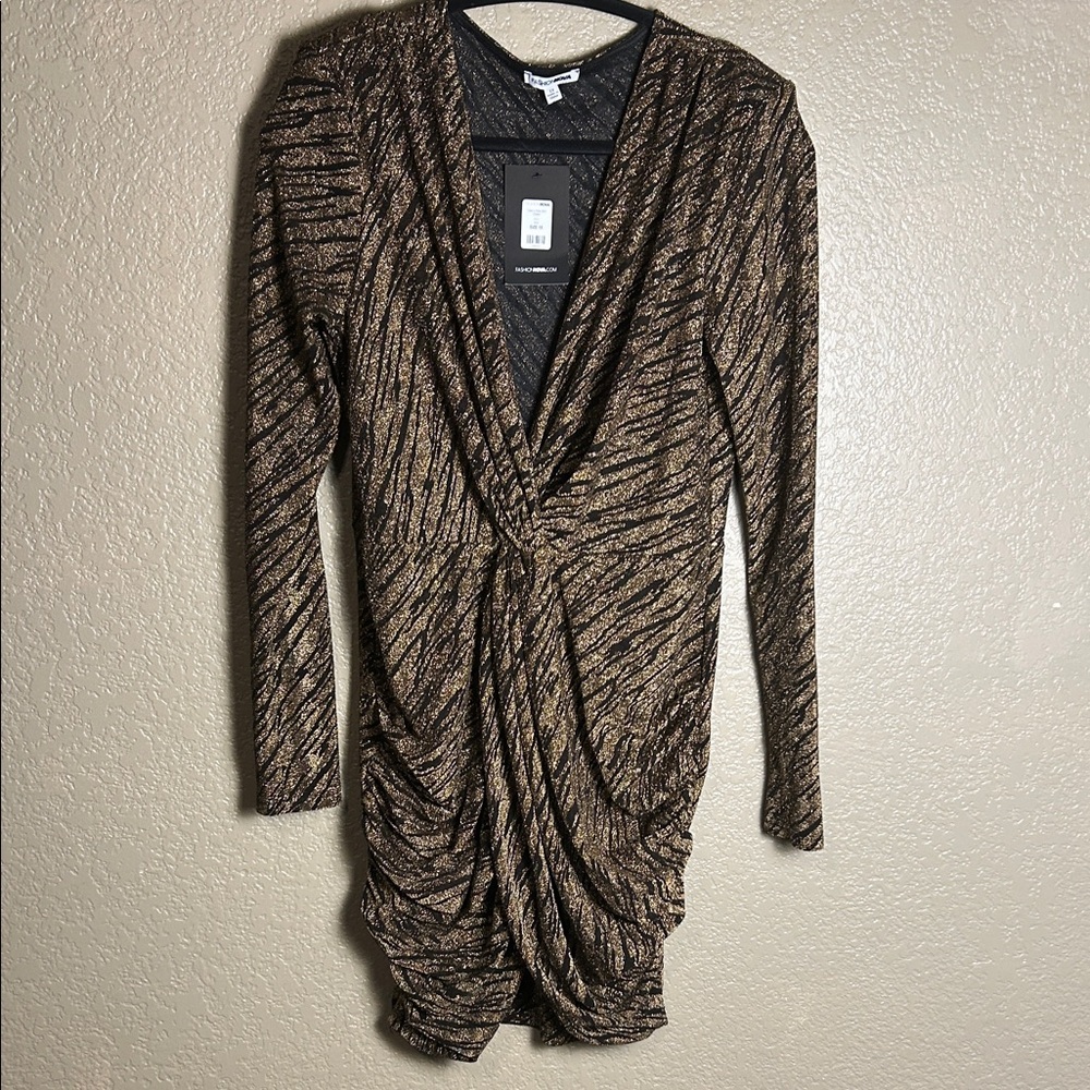 Fashion Nova Metallic Black and Gold Tiger Strip Long Sleeve Dress